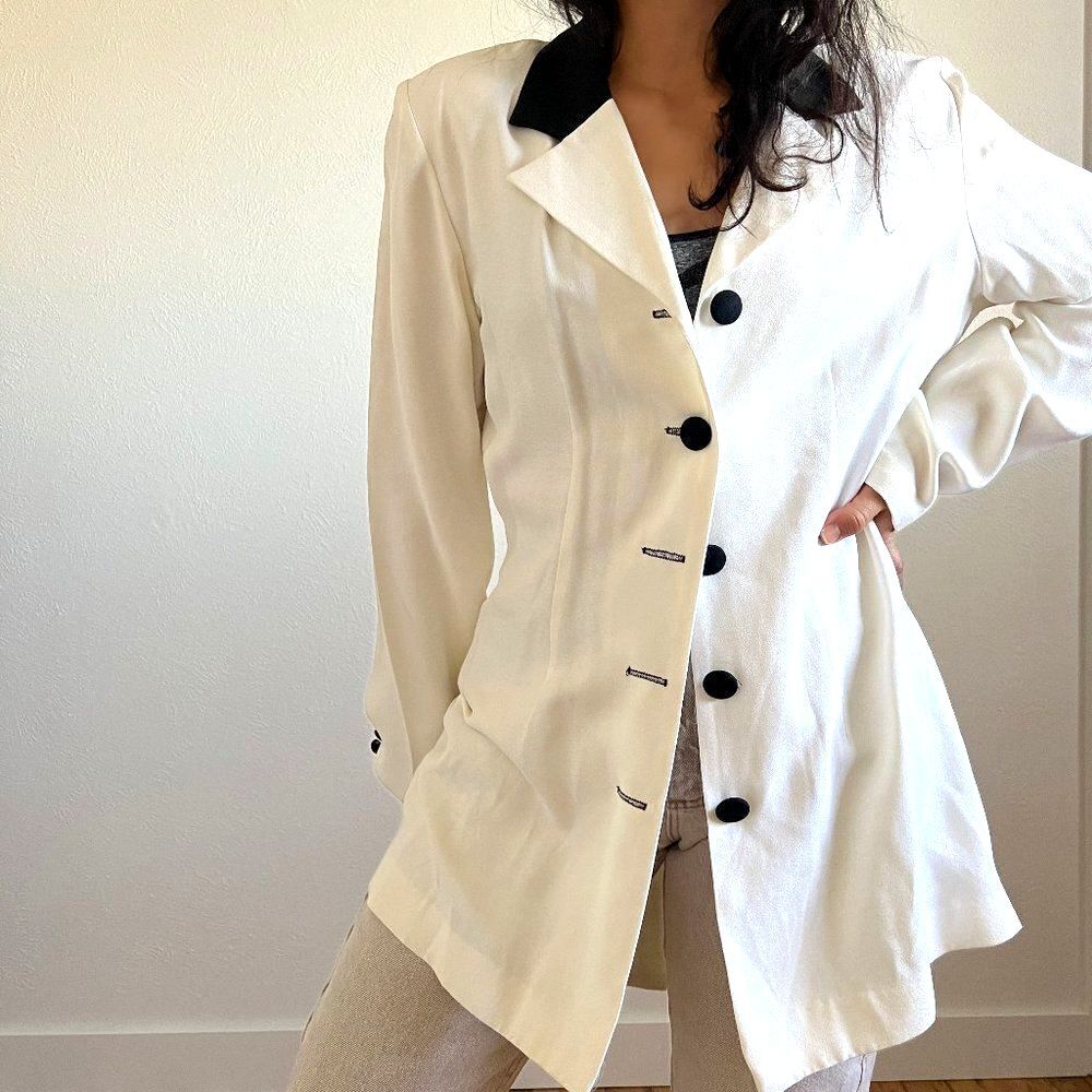 vtg 80s white and black‎ classic long formal blazer 5 button retro size 12
